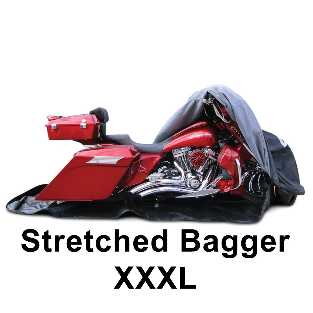 Stretched Bagger cover  fits up to a 32" front wheel and 16" longer bags. Tour pack fits as well. 