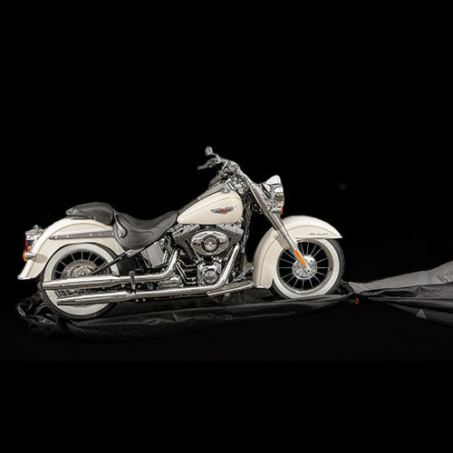 Heritage softail shown here in our XL Tes Cover. NOTE if you have saddle bags, and or a TALL Windshield over 12" We suggest going to an XXL Slim so that it is not so tight. 