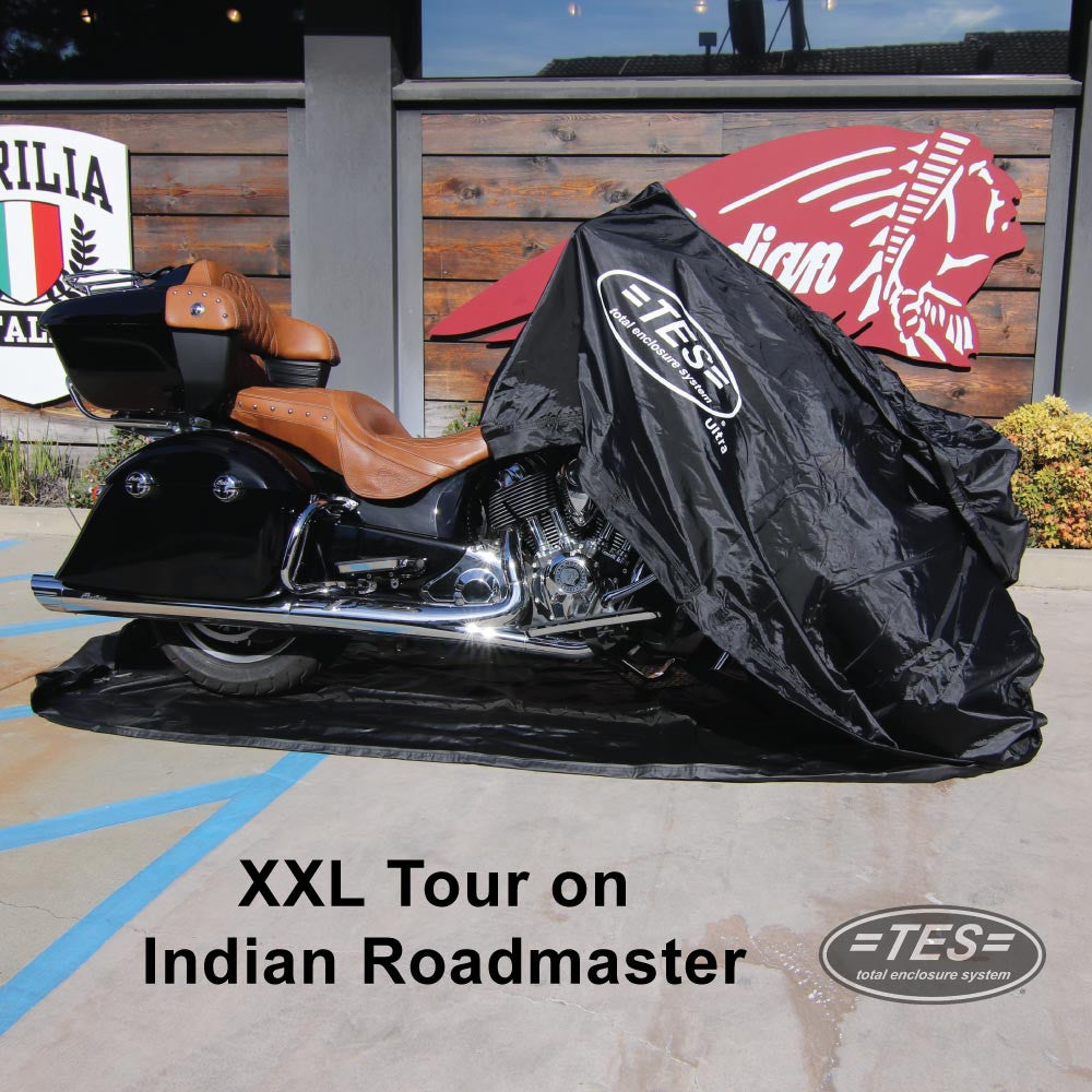 Indian Roadmaster Storage Cover, side view partially covered indoor / outdoor waterproof cover
