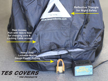 Load image into Gallery viewer, The outdoor TES Motorcycle Cover is completely enclosed however we provide a rear access door for the ability to run cable locks, power cords, chargers, solar panels etc. 